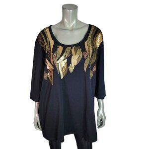 Denim 24/7‎ Top Plus Size 22/24 Beaded Sequins Stretch 3/4 Sleeve Pullover Gold